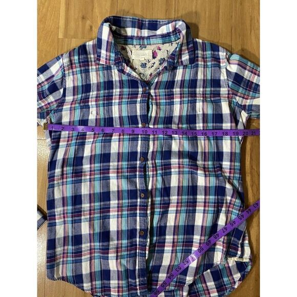 Birds of Paradis by Trovata Shirt Womens L Blue Plaid Roll Tab Sleeve Button Up - Picture 4 of 7